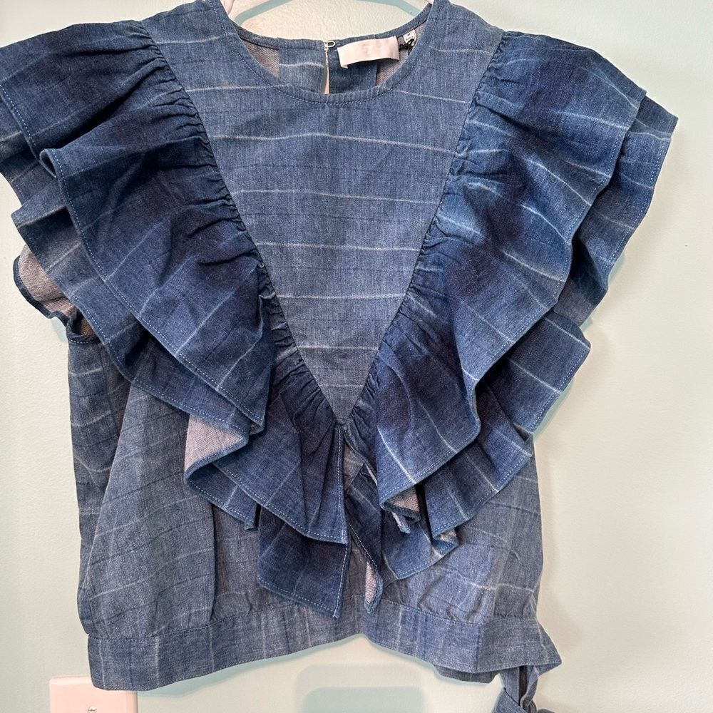 Seven by all Mankind medium denim ruffle crop top shirt blouse - Picture 4 of 8